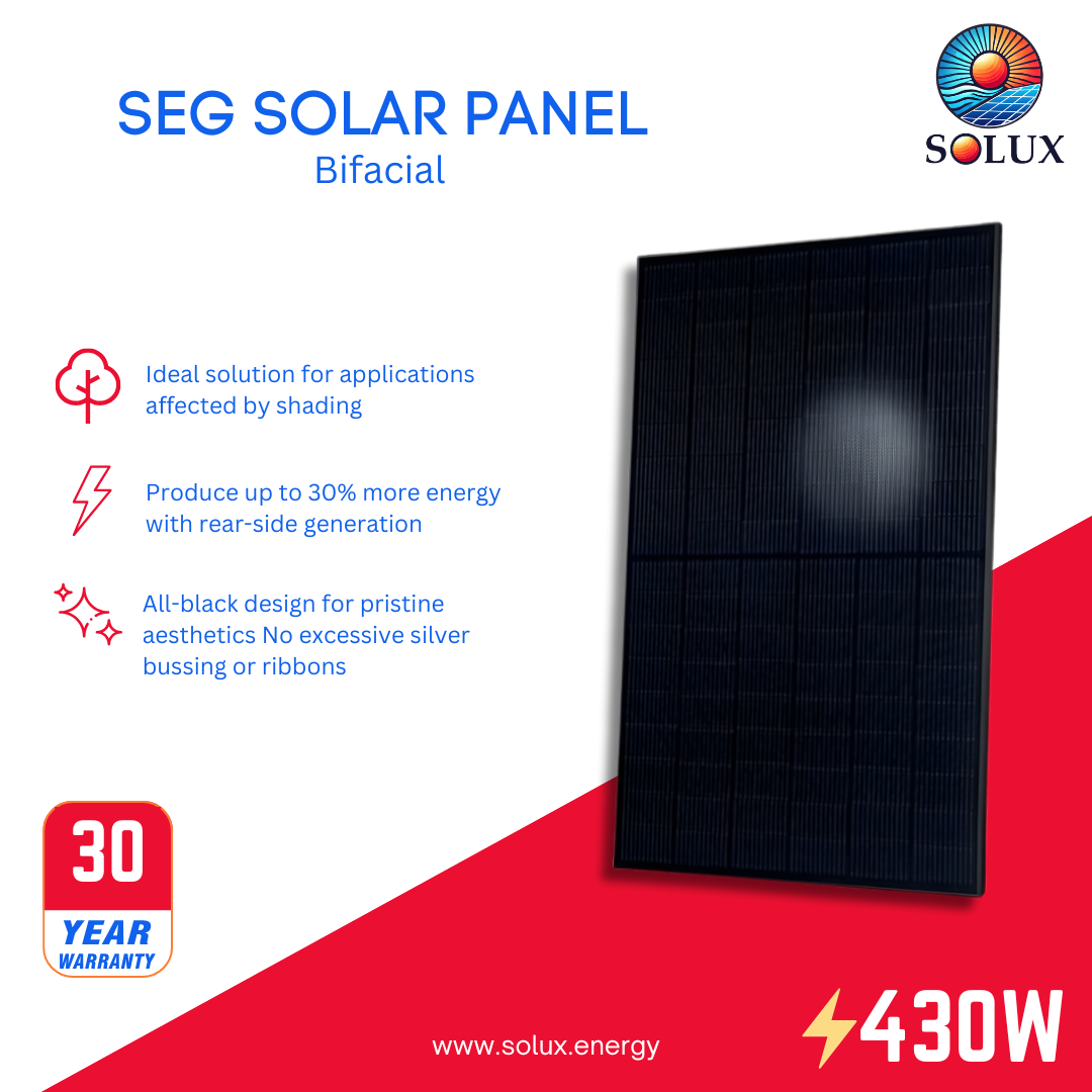 This is an image of SEG 430 Watt All Black Bifacial Solar Panel